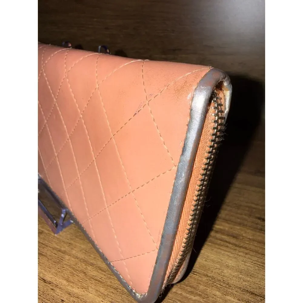 Chanel Quilted Zip Around Wallet – Pink Leather with Silver Hardware & Trim